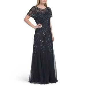 ADRIANNA PAPELL twilight Short Sleeve Floral Beaded Gown